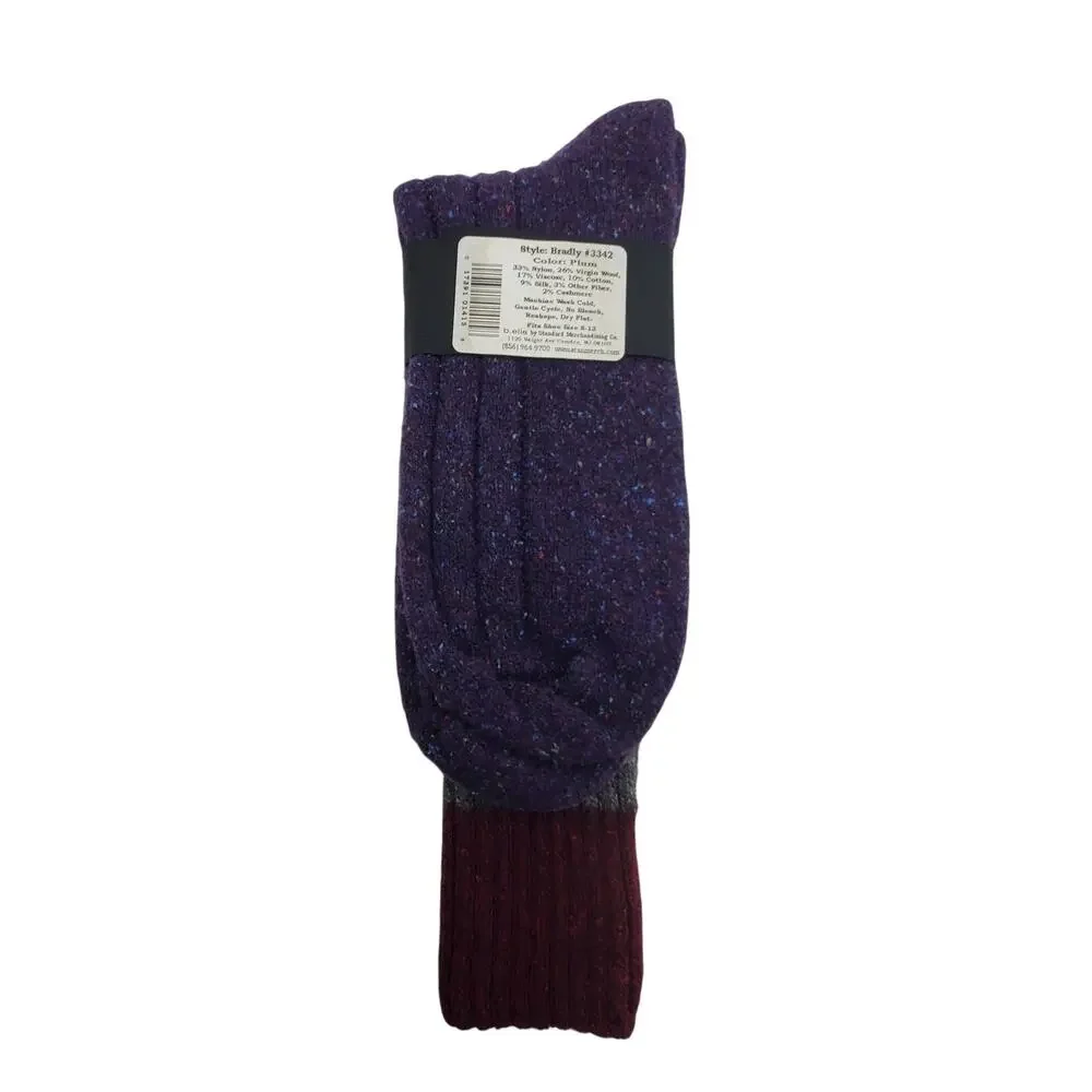 Silk Wool Cashmere Crew Socks Mens Soft Knit Plum Stripe Casual NWT Large 10-13
